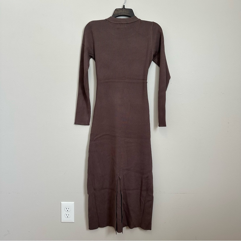 Evereve Ribbed Knit Tie Waist Midi Dress Brown Long Sleeve Size Small Minimalist - Picture 3 of 8